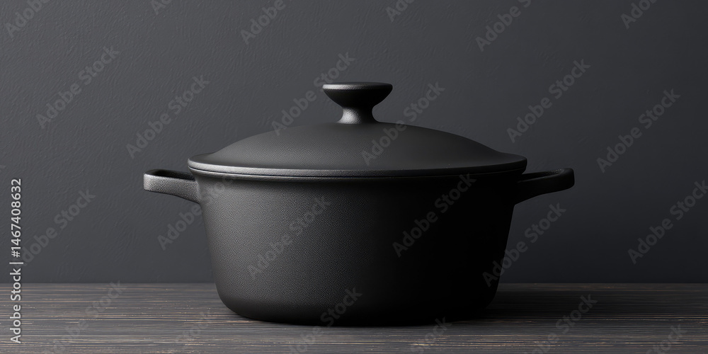 Black cooking pot with a lid sits on a wooden surface. Kitchenware, simplicity, elegance Black cooking pot with a lid sits on a wooden surface. Kitchenware, simplicity, elegance
