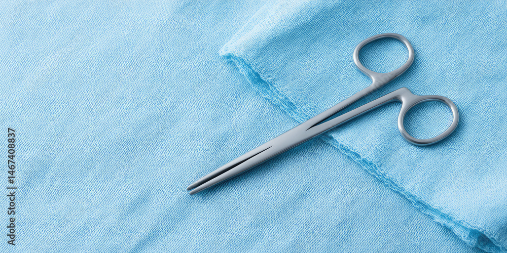 Fototapeta premium Surgical scissors resting on a blue fabric surface. Medical tool and sterile equipment