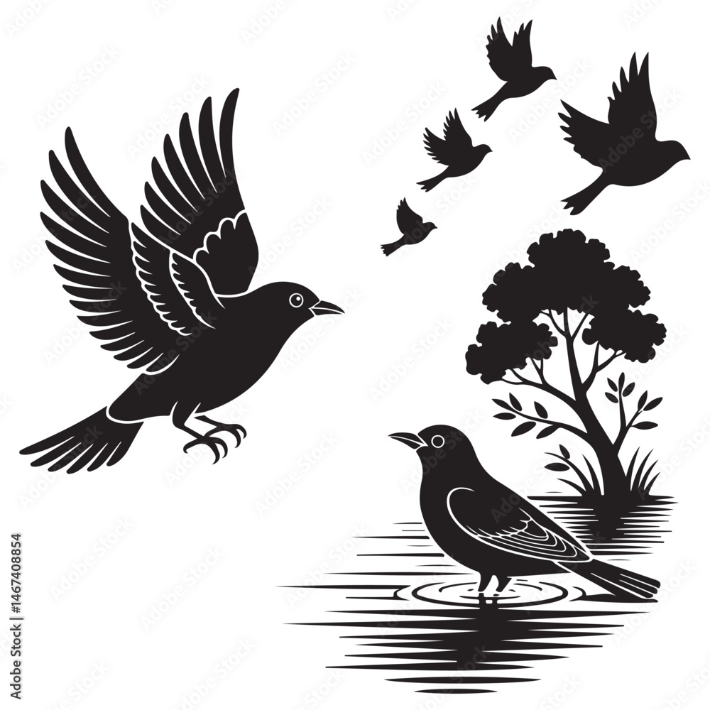 Obraz premium Dynamic Bird Vector Set with Flying, Perching, and Standing Poses in Bold Styles A stunning collection of birds in energetic poses, ideal for creating impactful wildlife and nature designs .Thank You.