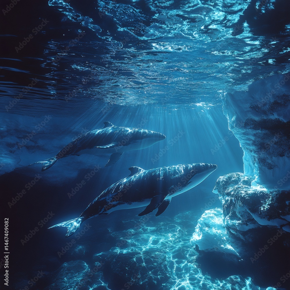 Fototapeta premium Humpback Whale Swimming Gracefully Underwater in Sunlight Beam
