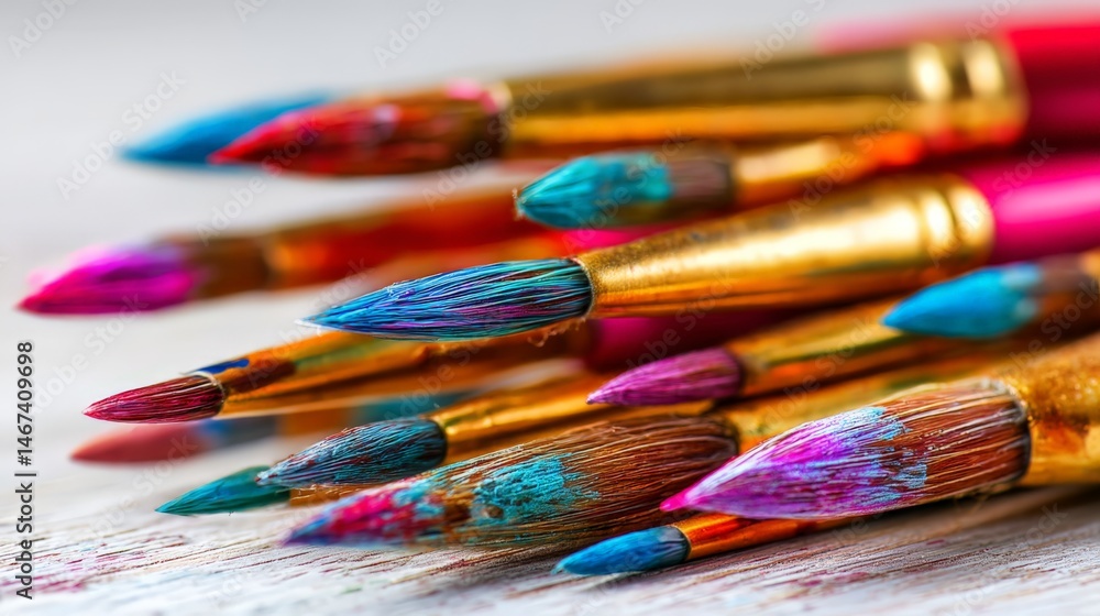 Obraz premium Close Up Colorful Paintbrushes on White Wooden Surface