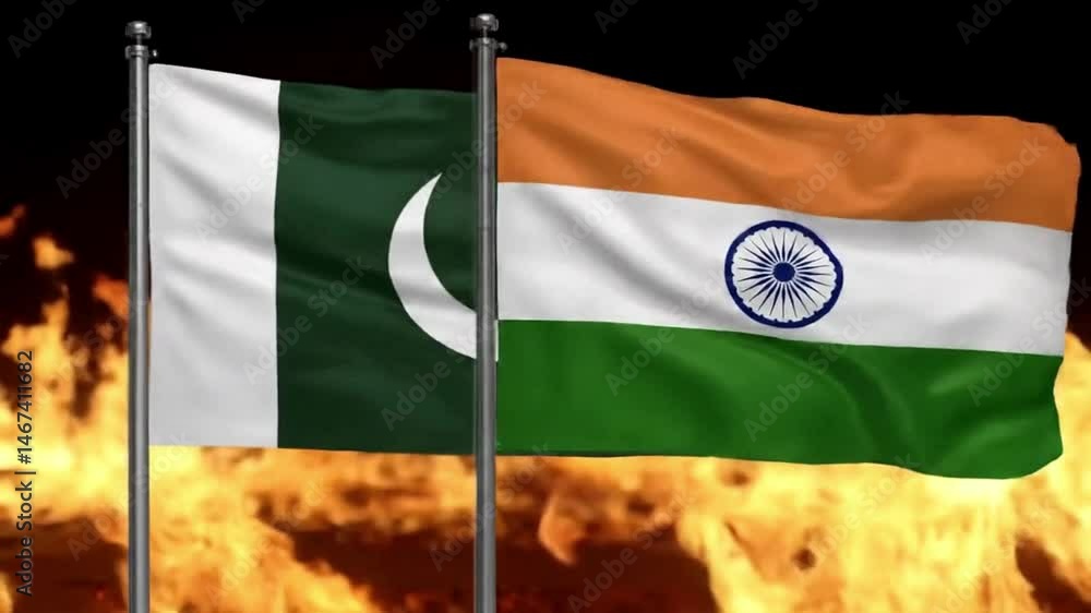 India vs Pakistan flag animation. Pakistan India Flag in Motion on Fire Background, High Resolution 8K