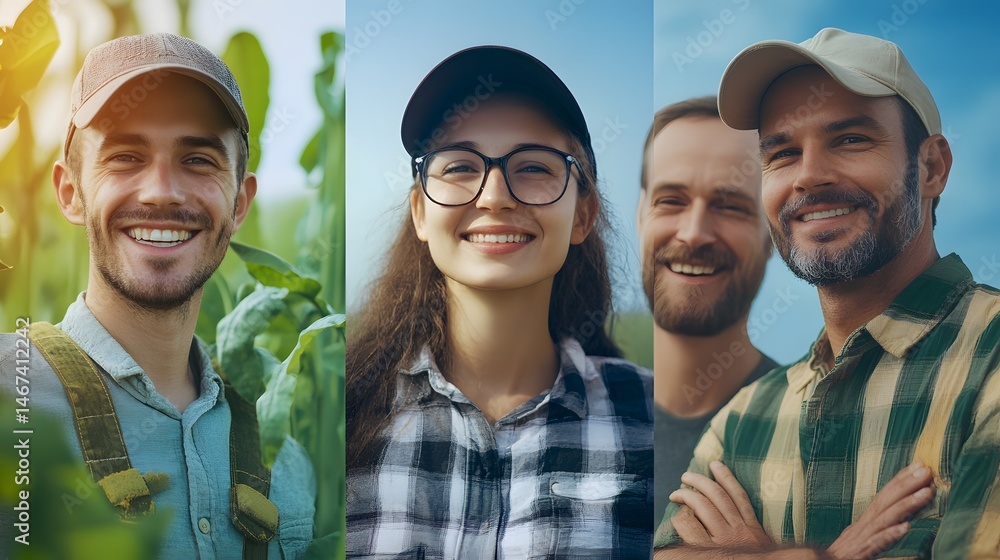 Photograph of three smiling farmers in agricultural settings, showcasing camaraderie and rural life. Photograph of three smiling farmers in agricultural settings, showcasing camaraderie and rural life.