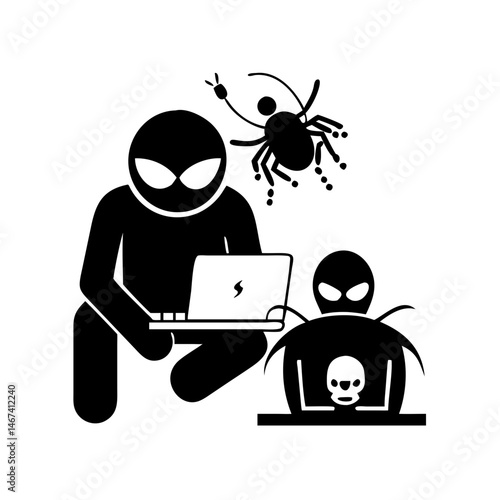 Computer hackers using laptop to deploy spider bot and skull virus malware
