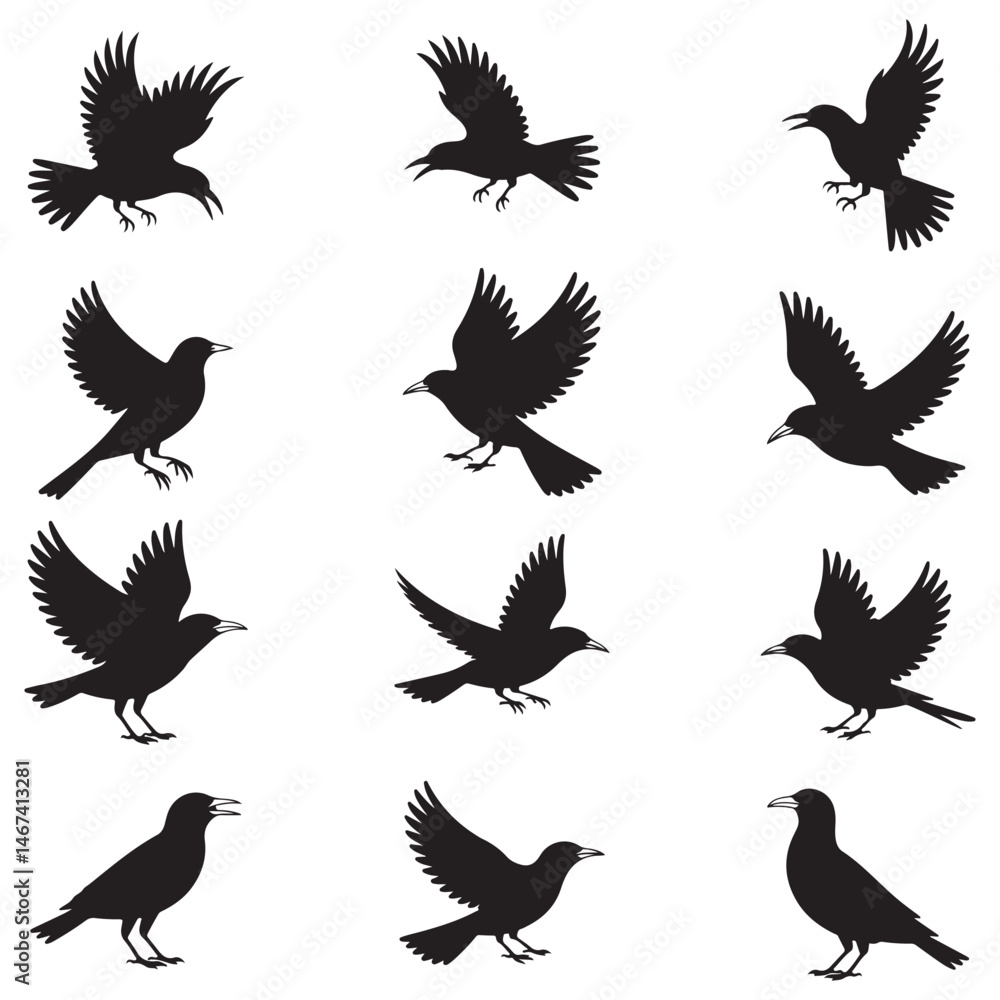 Obraz premium Dynamic Bird Vector Set with Flying, Perching, and Standing Poses in Bold Styles A stunning collection of birds in energetic poses, ideal for creating impactful wildlife and nature designs .Thank You.