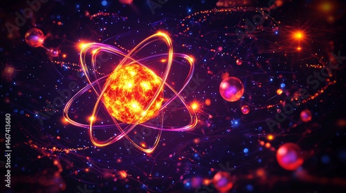 Cross Section View of Atom With Orbiting Paths Glowing Elements Showing Deep Physics and Structure Concept In Modern 3d Art