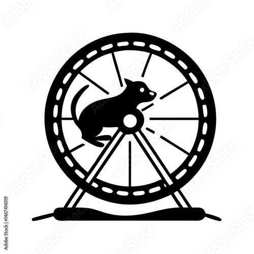 Stylized black and white illustration of a rodent in a running wheel