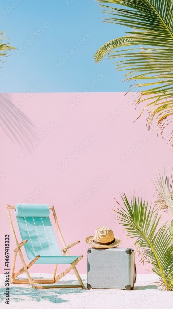 Obraz premium Beach vacation empty chair suitcase and hat