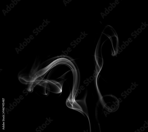 Close-up photo set of abstract white smoke or incense sticks floating on black background. Fog and clouds effect for design. Smog elements.	
