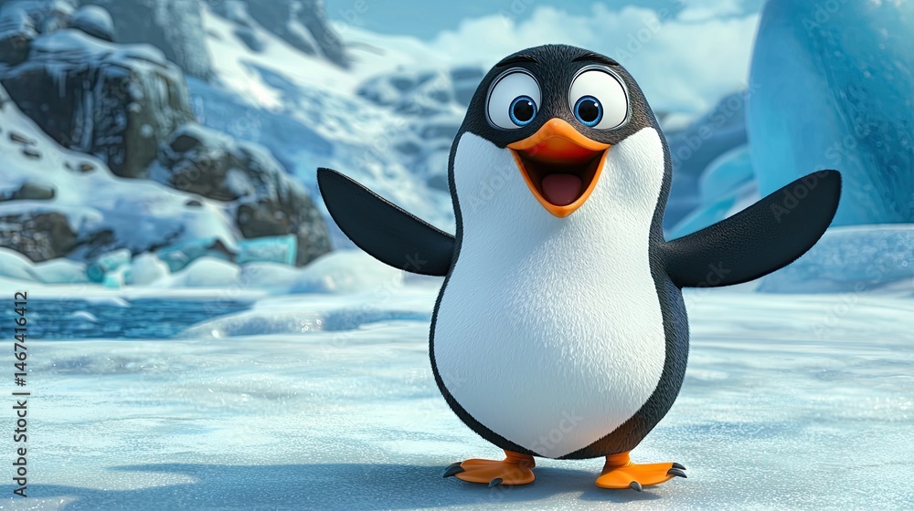 Fototapeta premium Smiling penguin with outstretched wings on snowy landscape