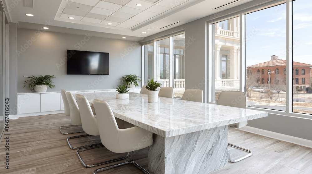 Contemporary glass-walled conference room with white granite table, upholstered cantilever chairs, integrated wireless presentation system and adjustable privacy blinds under architectural spotlightin Contemporary glass-walled conference room with white granite table, upholstered cantilever chairs, integrated wireless presentation system and adjustable privacy blinds under architectural spotlightin