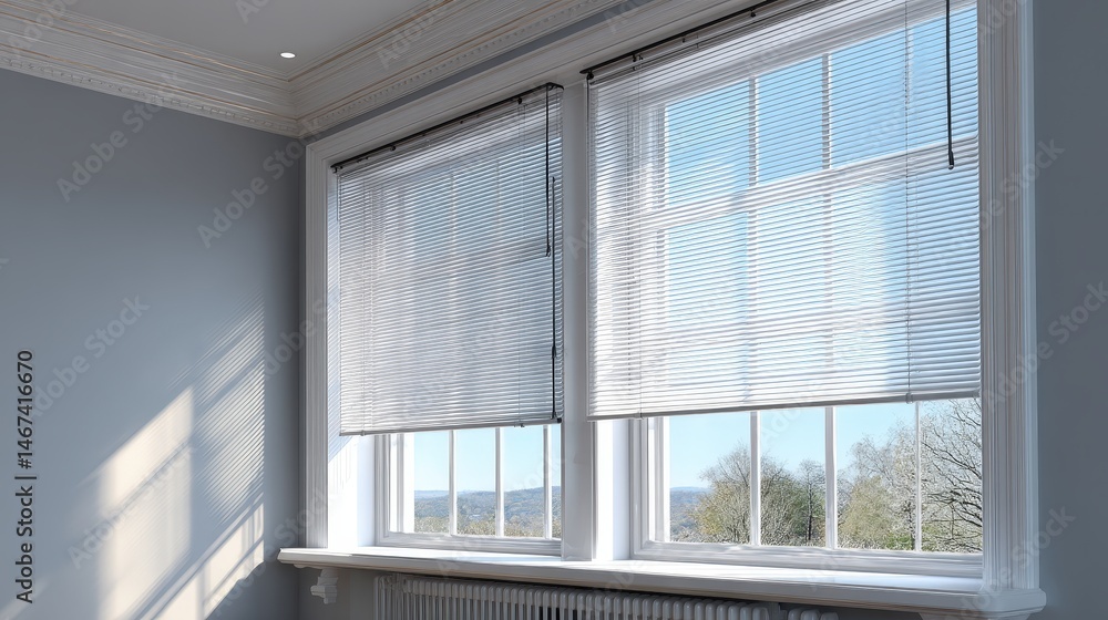 Automated Adjusting Window Blinds in Response to Sunlight in a Bright and Modern Room with Minimalist Decor Automated Adjusting Window Blinds in Response to Sunlight in a Bright and Modern Room with Minimalist Decor