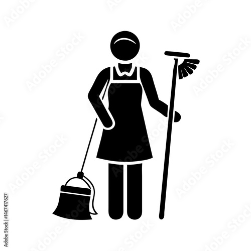 Silhouette of a woman in an apron cleaning with cleaning tools