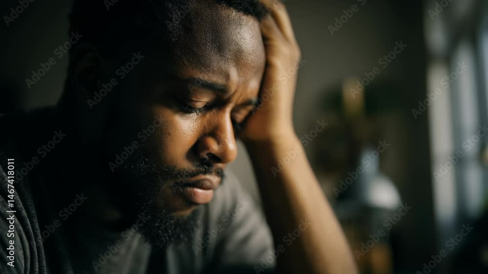 Man rests head in hand, eyes downcast in deep despair. Somber lighting accentuates silent despair, conveying weight of inner turmoil, sadness and depression Man rests head in hand, eyes downcast in deep despair. Somber lighting accentuates silent despair, conveying weight of inner turmoil, sadness and depression