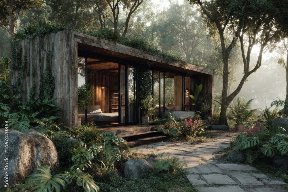 Modern cabin retreat nestled in lush woodland, featuring wooden architecture and abundant surrounding vegetation Modern cabin retreat nestled in lush woodland, featuring wooden architecture and abundant surrounding vegetation