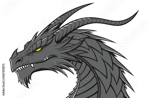 169 Dark fantasy dragon head, fierce expression, glowing yellow eyes, sharp teeth, detailed scales, long curved horns, rugged textures, wispy fur, grayscale illustration, intense gaze, mythical creatu
