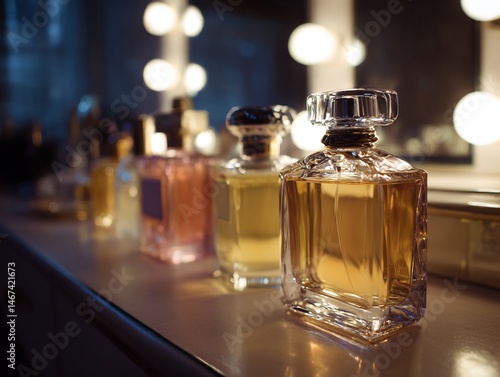 Elegant perfume bottle collection arranged on a vanity table with blurred background