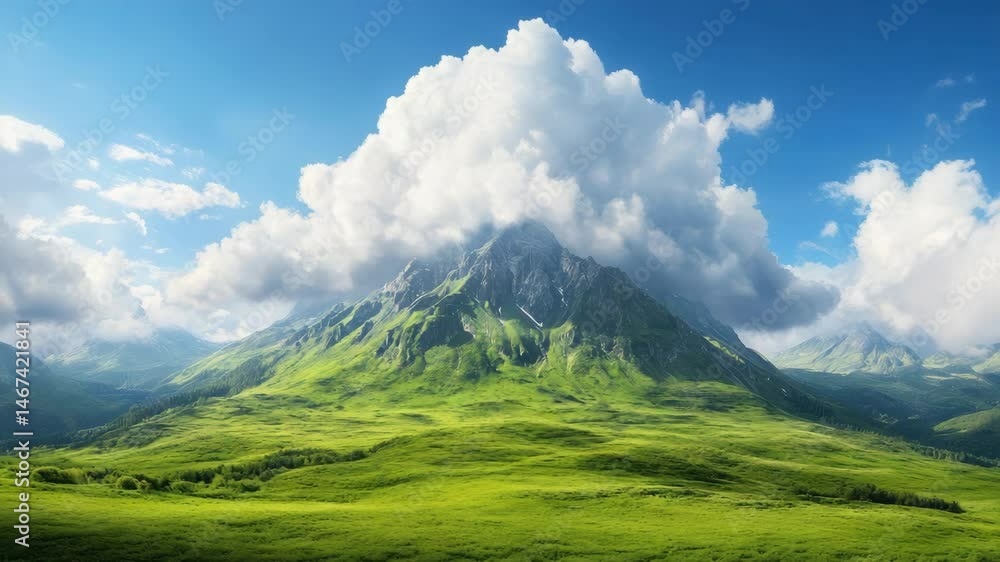 Majestic mountain landscape with serene greenery and clouds, perfect nature escape. Majestic mountain landscape with serene greenery and clouds, perfect nature escape.