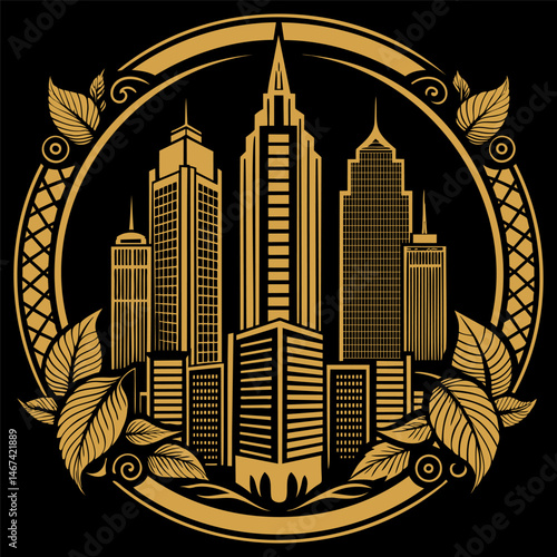 Heraldic emblem with skyscrapers and leaves in a frame on black background