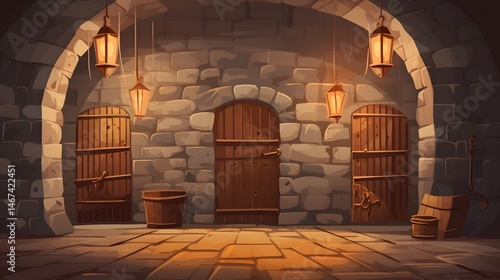 Historical Cartoon Donjon Cell Interior in Medieval Prison Fortress