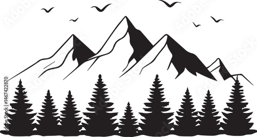 Majestic Mountain Vista: A minimalist silhouette of imposing mountain peaks framed by verdant pine trees, with soaring birds, capturing the serene beauty of nature's grandeur.