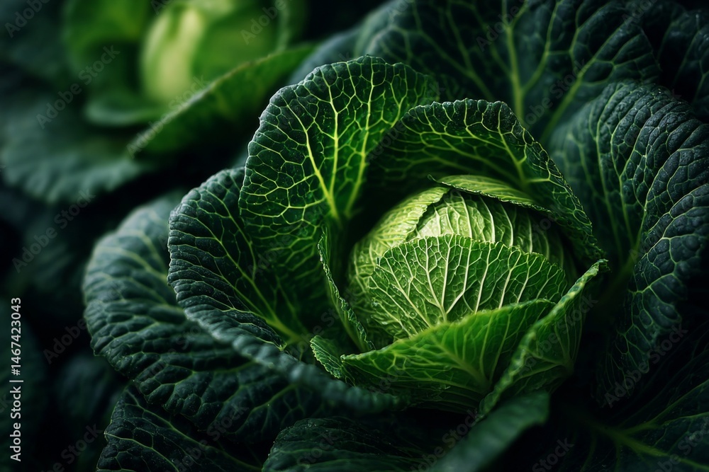 Fototapeta premium Close-up of fresh vibrant green cabbage heads with textured leaves, featuring a fresh vegetable garden harvest for healthy food.