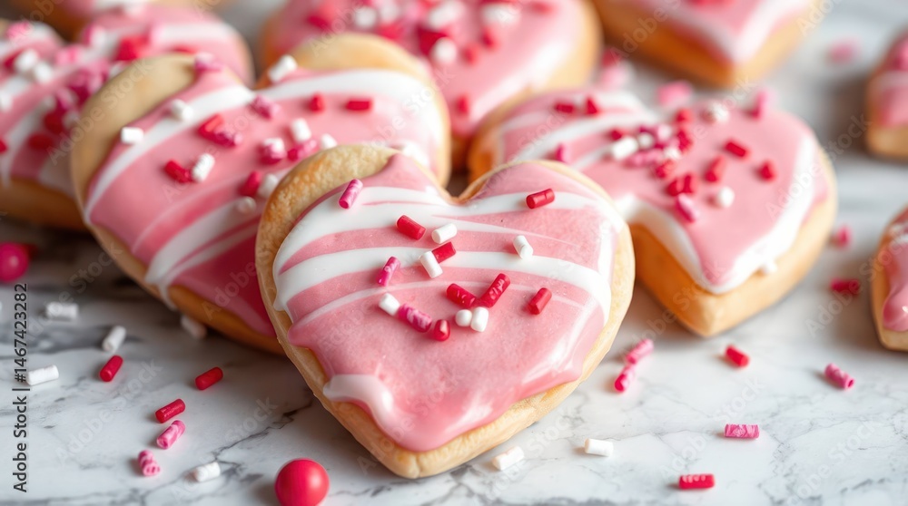 Pink heart-shaped cookies with white icing stripes and sprinkles Pink heart-shaped cookies with white icing stripes and sprinkles