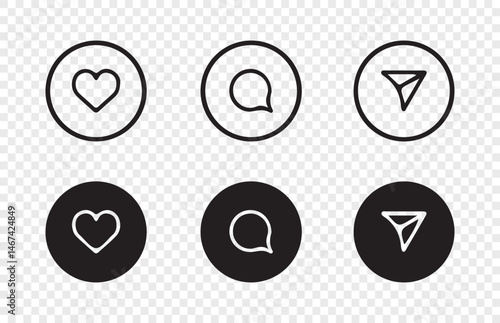 Like, share, save and comment icon in fill and line. Set of social media elements. Social media sign symbol. lat outline icon isolated on white, 10 eps