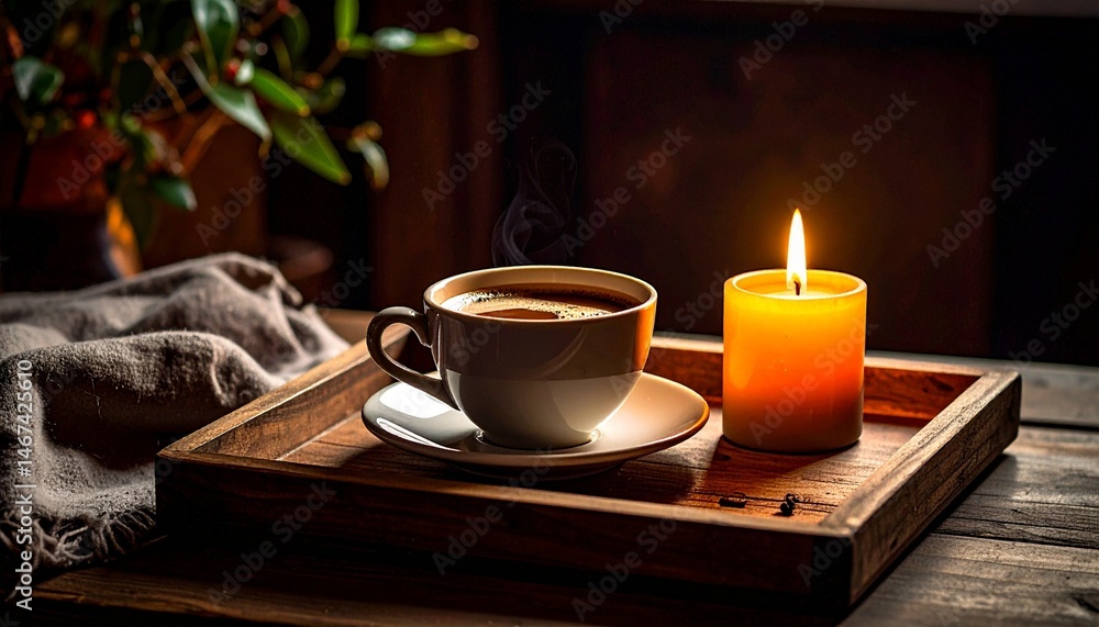 A cup of steaming hot coffee on a wooden coaster, accompanied by a burning orange candle, creates a warm and comfortable atmosphere. A cup of steaming hot coffee on a wooden coaster, accompanied by a burning orange candle, creates a warm and comfortable atmosphere.