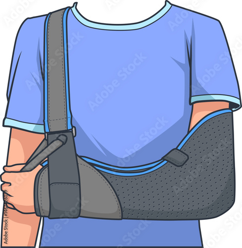 Detailansicht einer schwarzen Armschlinge am Körper – medizinisches Zubehör zur Ruhigstellung.

