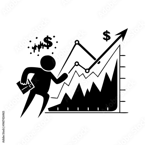 Stick figure running towards growth chart and financial success and prosperity