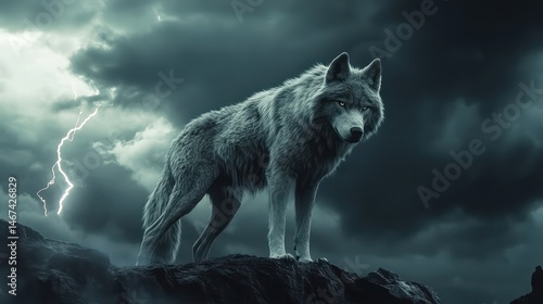 Wolf standing in stormy sky