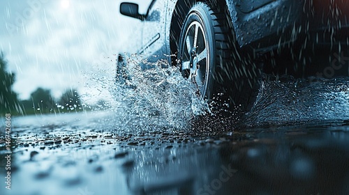 Car driving through a rainy road. Water splashes around the tires