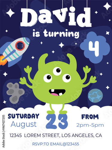 Vector illustration of monster standing in outer space with rocket and planets in the background.Creature in galaxy. Birthday party, celebration, congratulations, invitation concept . EPS 10