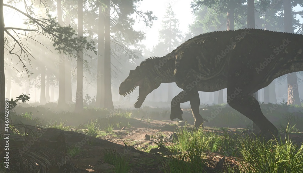 Fototapeta premium Dinosaur in Misty Sunrise Forest