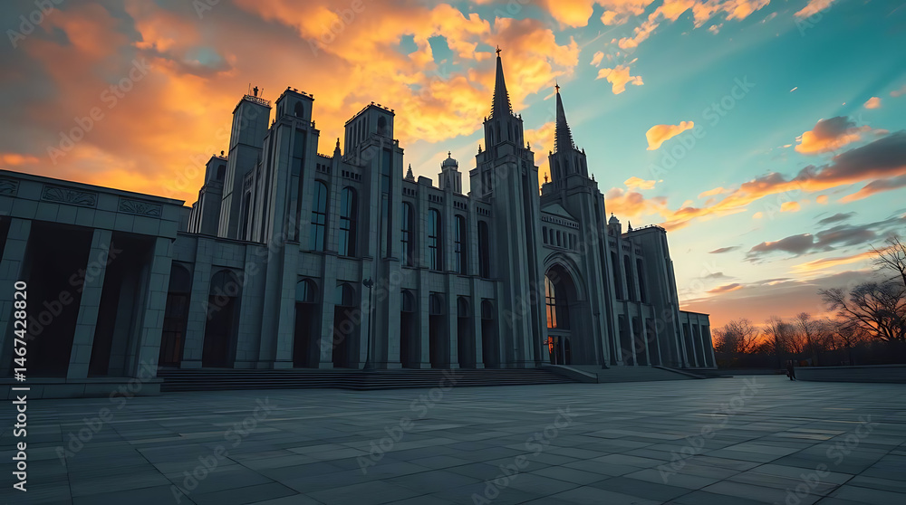 Fototapeta premium A massive brutalist cathedral built of concrete and glass, casting long shadows in the sunset, blending religious solemnity with futuristic geometry. created by generative ai