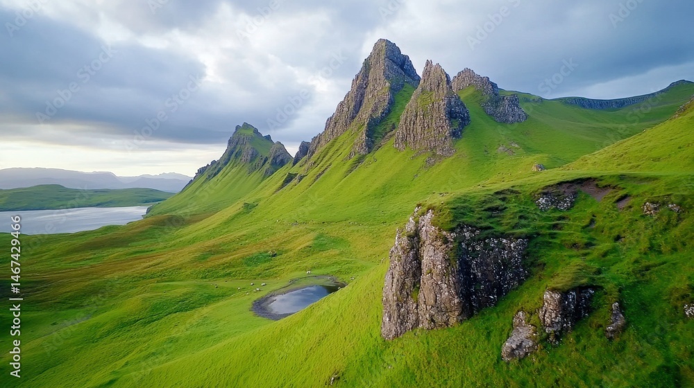 Naklejka premium Majestic Green Mountains under Dramatic Sky in Scenic Landscape