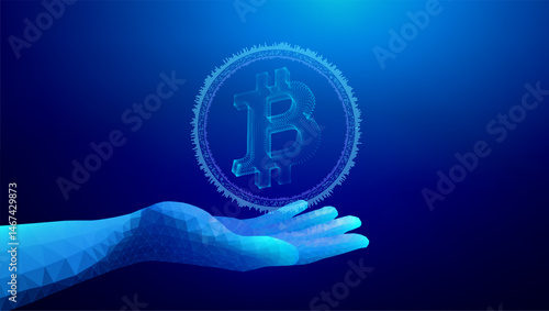 Crypto safe lock digital data cyber technology bank protect isometric concept. Digital polygonal hand presenting glowing Bitcoin symbol in futuristic virtual space on blue background