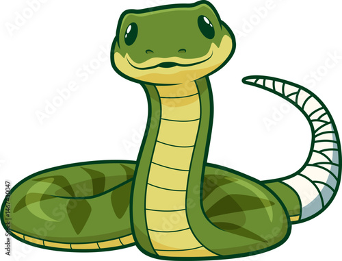 Freundliche Schlange mit bandagiertem Schwanz – ein Lächeln trotz Missgeschick.

