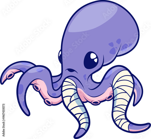 Oktopus mit bandagierten Armen – Meeresbewohner nach einem wilden Abenteuer.

