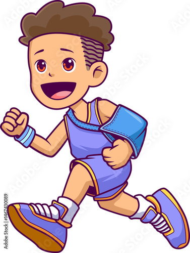 Laufender Junge mit Armschlinge – sportlich unterwegs trotz Verletzung.


