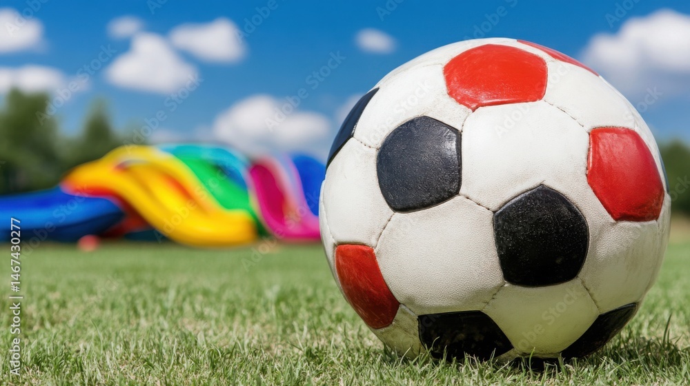 Naklejka premium Colorful Playground and Soccer Ball on Grass Under Bright Sky