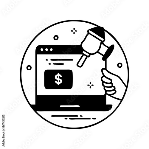 Online auction or digital economy concept with gavel and money symbol display