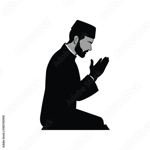 Muslim man praying silhouette vector illustration. Islamic worship pose, religious devotion concept, spiritual black shape