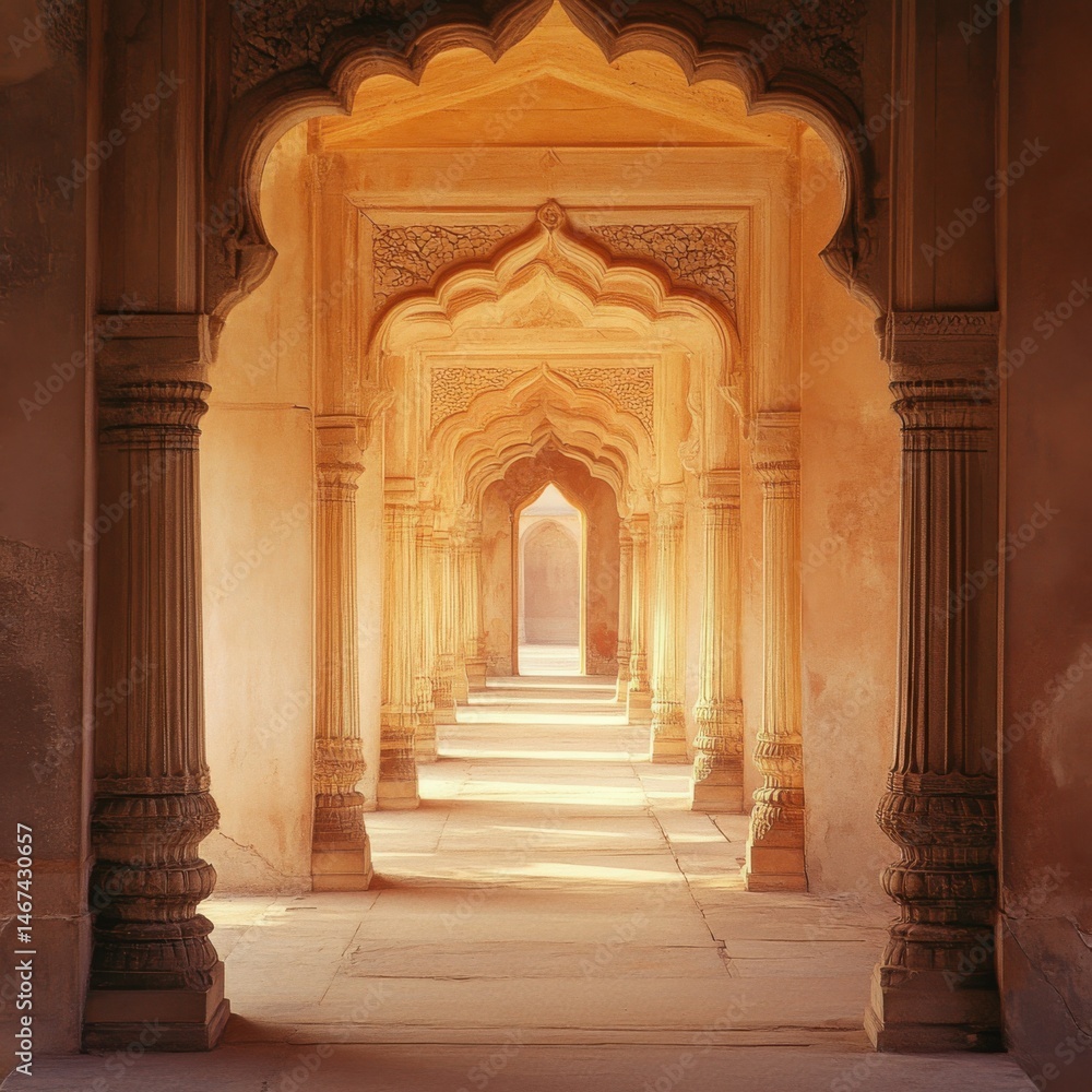 Fototapeta premium Architectural Corridor with Arches in Warm Light