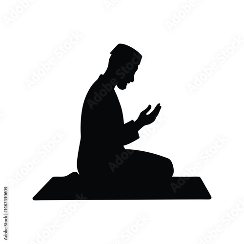 Muslim man praying silhouette vector illustration. Islamic worship pose, religious devotion concept, spiritual black shape