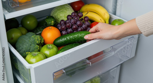 Fototapeta Naklejka Na Ścianę i Meble -  Assorted fruits and vegetables in refrigerator drawer