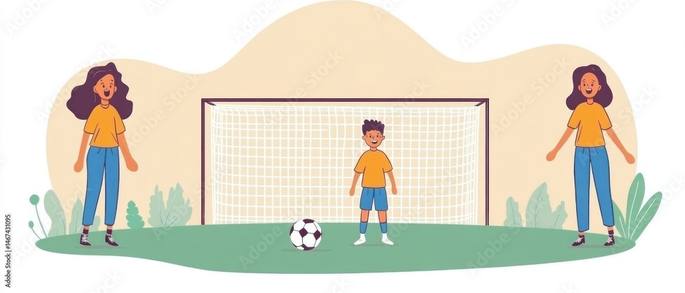 Naklejka premium Boy plays soccer, parents watch, outdoor field. Website/blog use