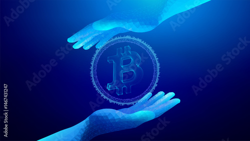 Bitcoin Cryptocurrency Blockchain Digital Finance Currency Crypto Background. Futuristic polygonal hands exchanging digital Bitcoin symbol in glowing virtual space on blue background.