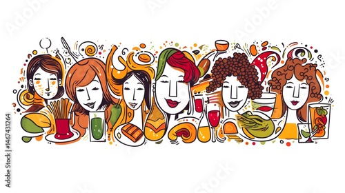 Colorful continuous line art vector illustration of people eating food in a modern style
